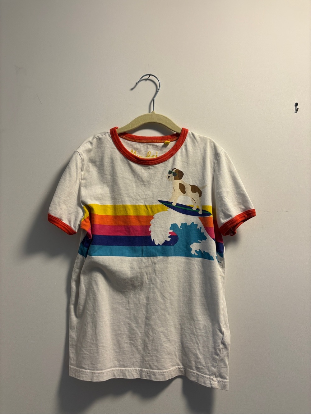 Mini Boden White Tee with Surf Dog and Rainbow Stripes